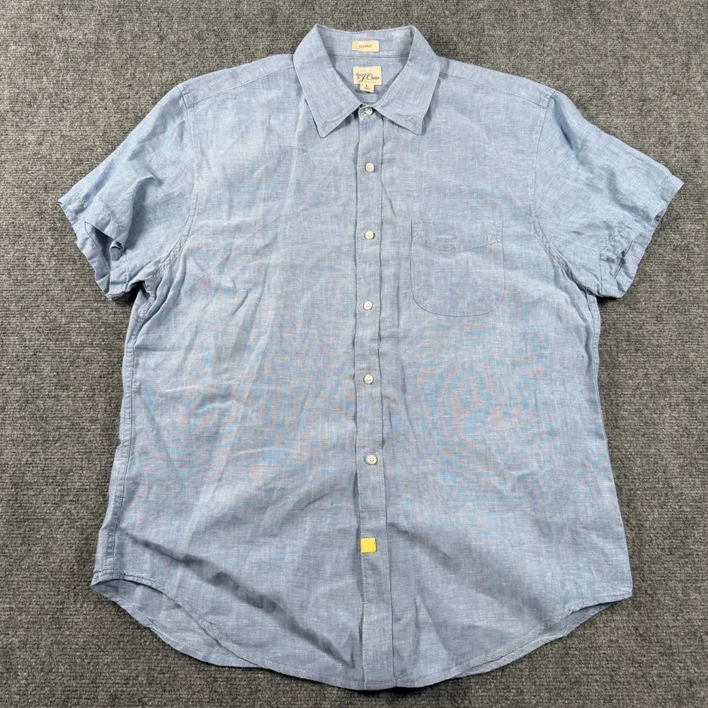J. Crew Shirt Mens L Blue Baird McNutt Irish Linen Short Sleeve Classic Fit